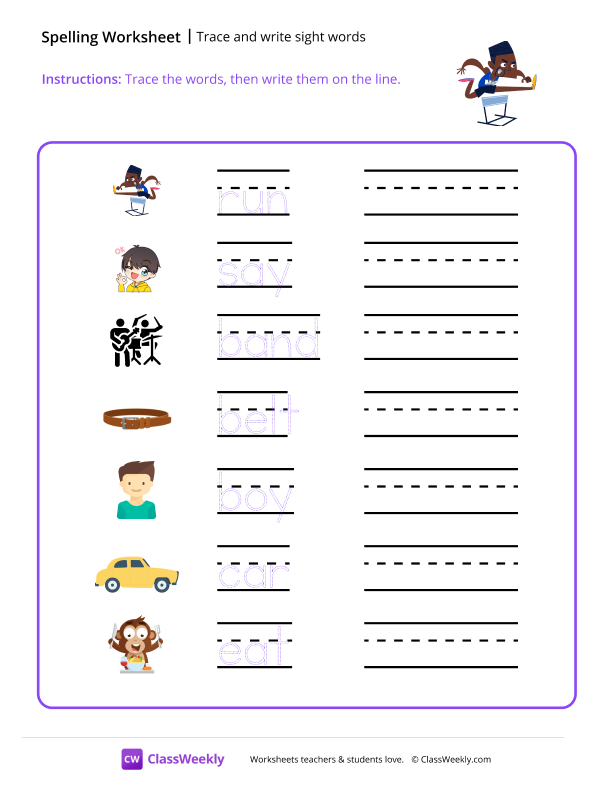 Trace and Write Sight Words - Run worksheet preview