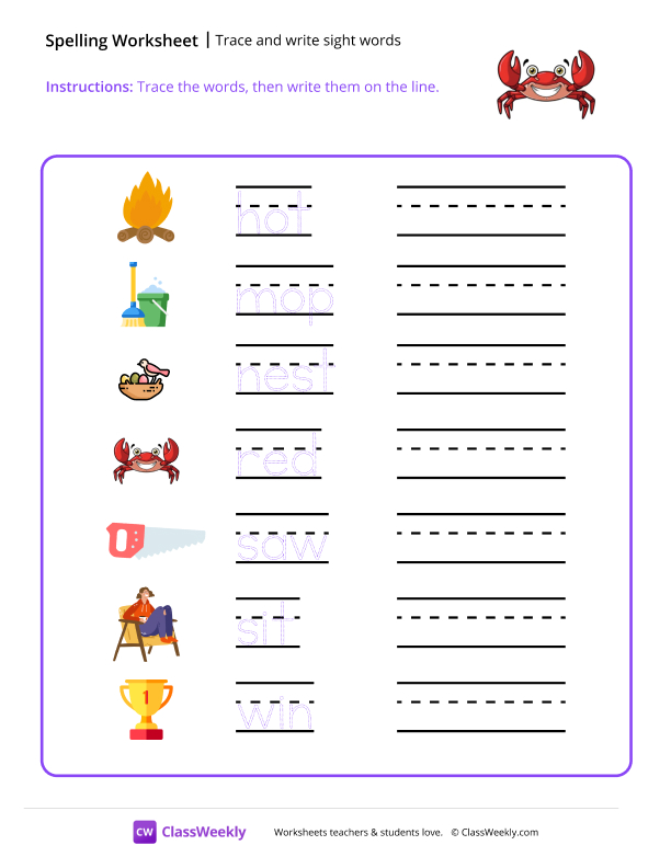 Trace and Write Sight Words - Mr. Crab worksheet preview