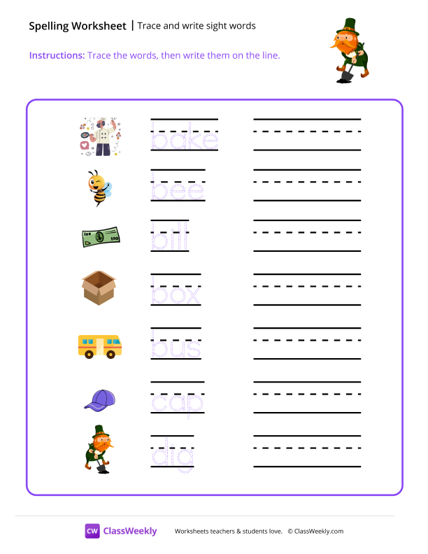 Trace and Write Sight Words - Dig worksheet preview