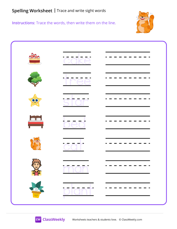 Trace and Write Sight Words - Cat worksheet preview