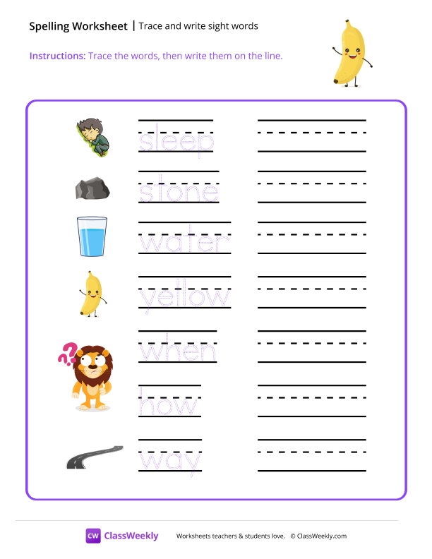 Trace and Write Sight Words - Banana Man worksheet preview