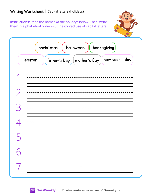 Capital letters (holidays) - Monkey worksheet preview