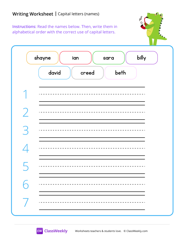 Capital letters (names) - Crocodile worksheet preview