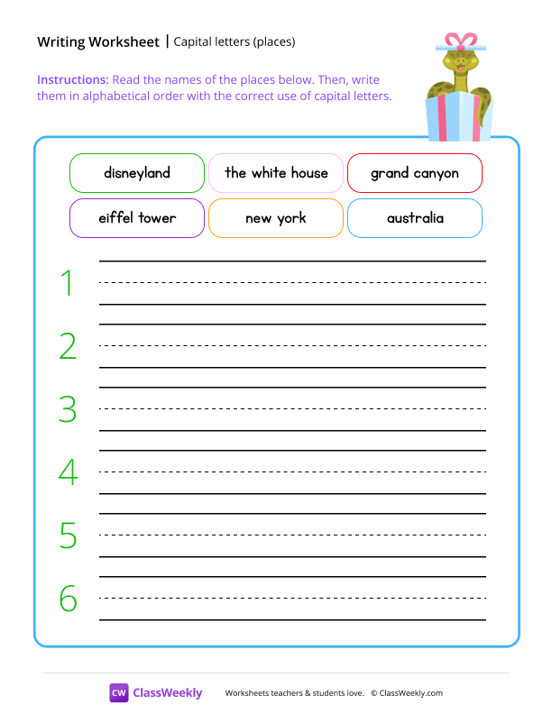 Capital letters (places) - Snake worksheet preview