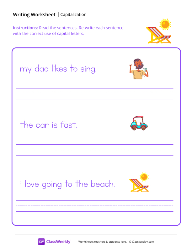 First Word Capitalization - Beach Chair worksheet preview