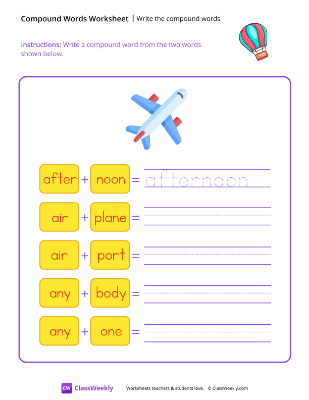 Write the compound words - Hot Air Balloon worksheet preview