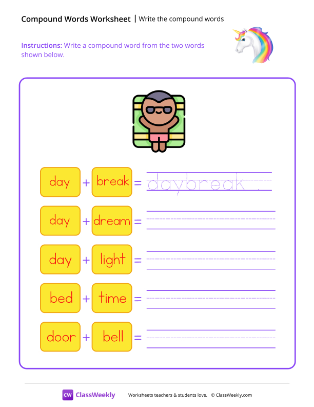 Write the compound words - Unicorn worksheet preview
