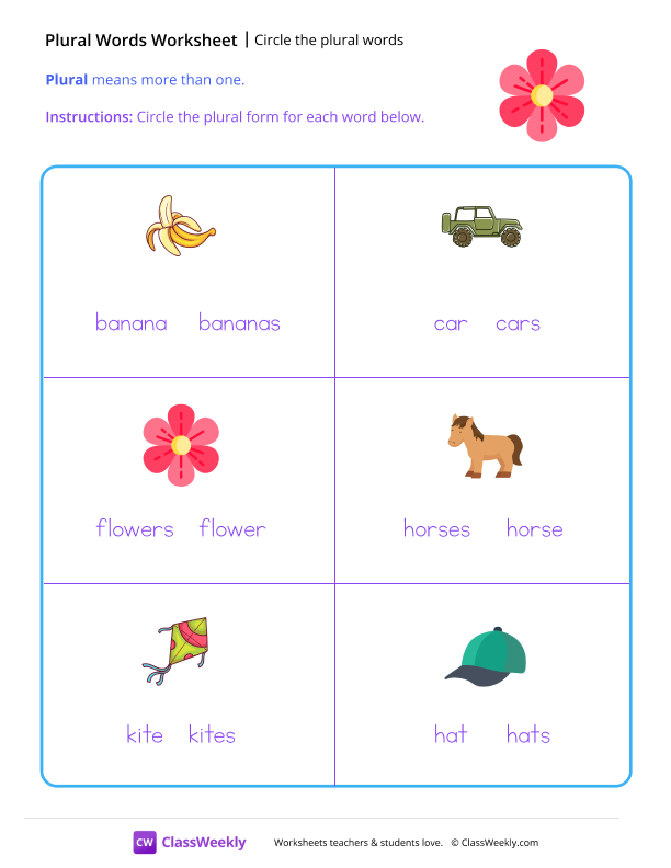 Circle the plural words - Flower worksheet preview