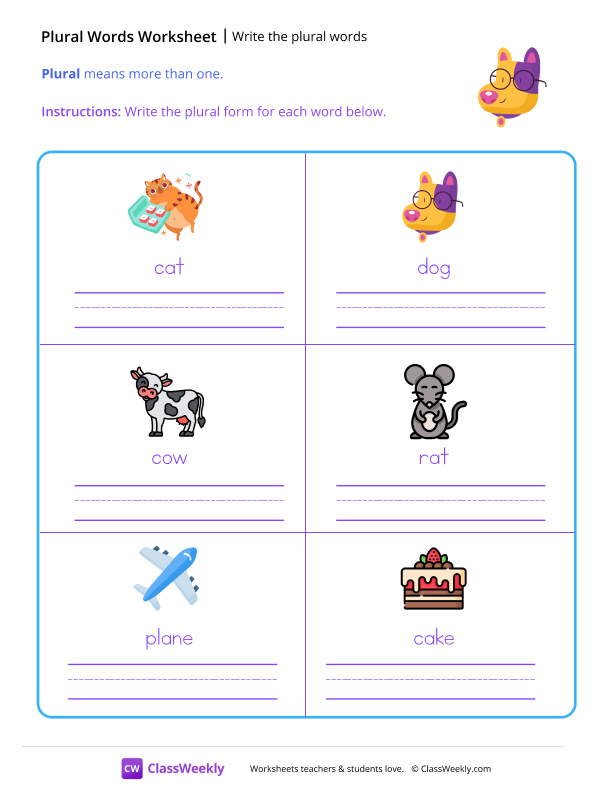Write the plural words - Pup worksheet preview