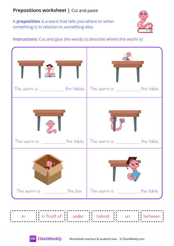 Cut and Paste Prepositions worksheet preview
