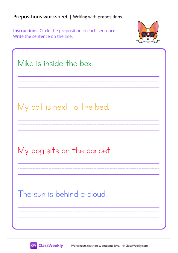 Identifying & Writing Prepositions - Dog Shades worksheet preview