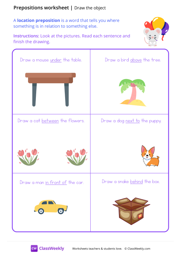 Location Prepositions (Draw the object) - Balloons worksheet preview
