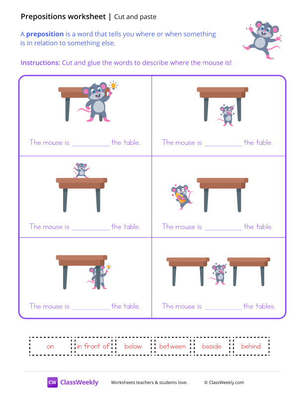 Cut and Paste Prepositions - Happy Mouse worksheet preview