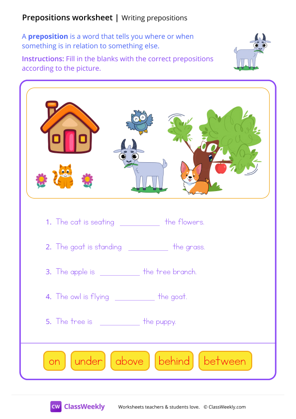 Writing Prepositions - Surprised Goat worksheet preview