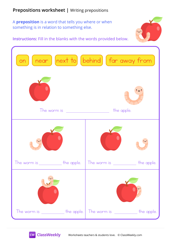 Writing Prepositions - Apple Worm worksheet preview