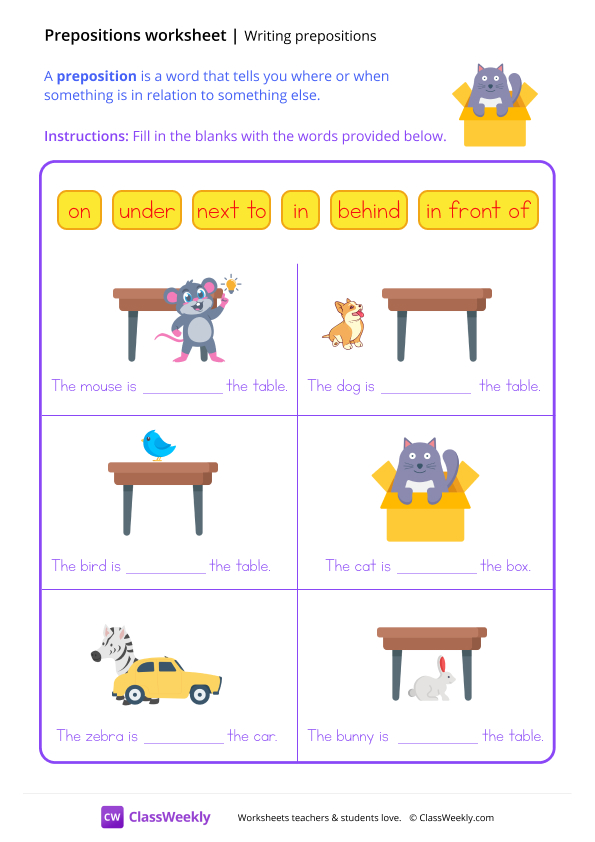 Writing Prepositions - Cat in the Box worksheet preview