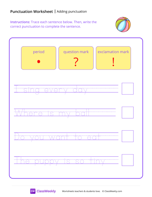 Adding Punctuation - Beach Ball worksheet preview