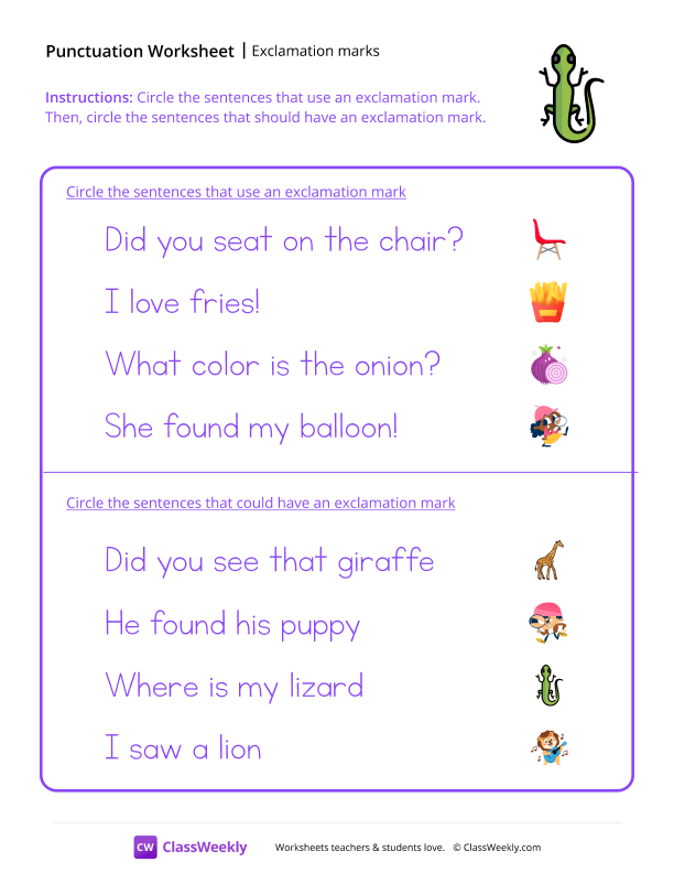 Exclamation Marks - Lizard worksheet preview