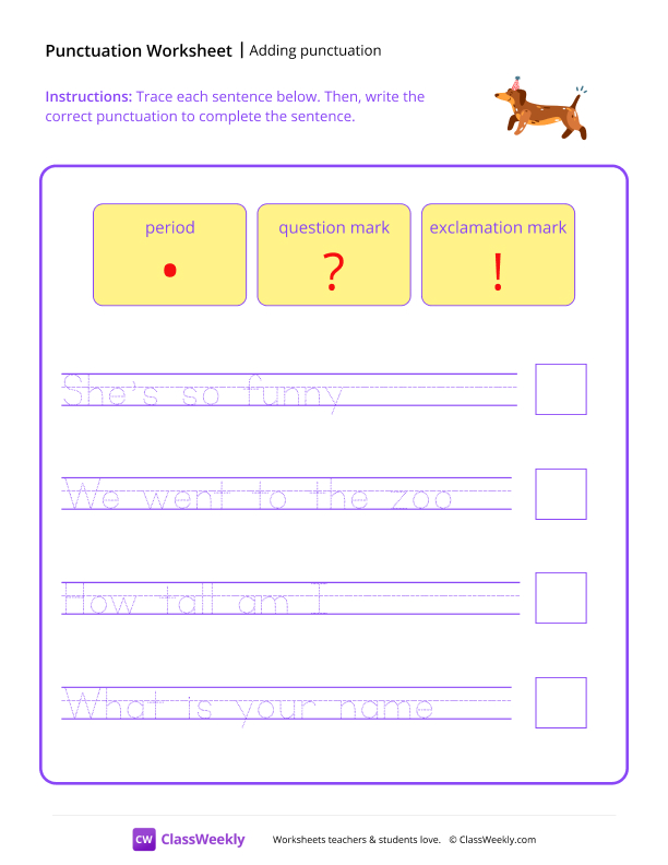 Adding Punctuation - Wiener Dog worksheet preview