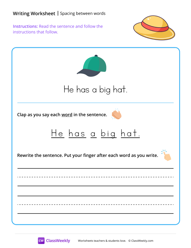 Spacing between words - Hat worksheet preview