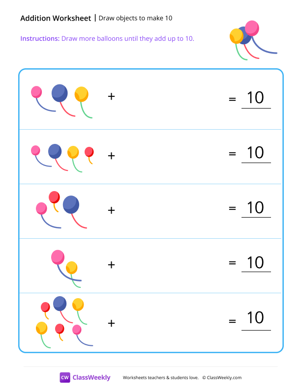 Draw objects to make 10 - Balloons worksheet preview