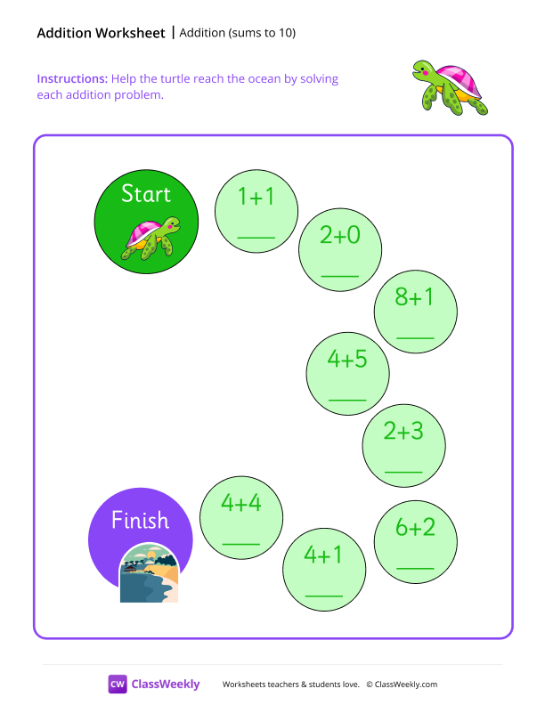 Addition Maze (Sums to 10) - Turtle worksheet preview