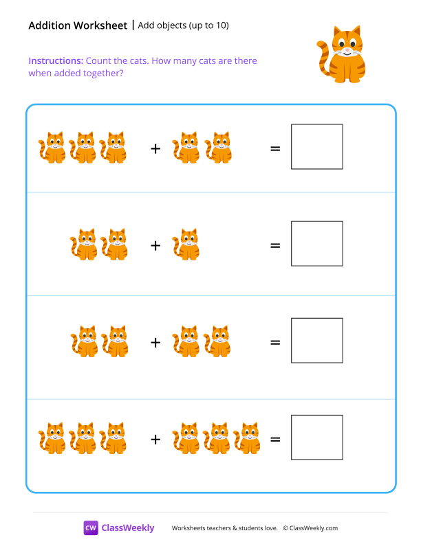 Add objects (up to 10) - Cats worksheet preview