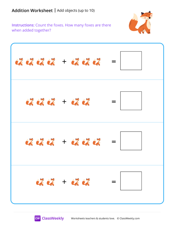 Add objects (up to 10) - Foxes worksheet preview