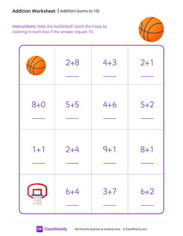 Addition Maze (Sums to 10) worksheet preview