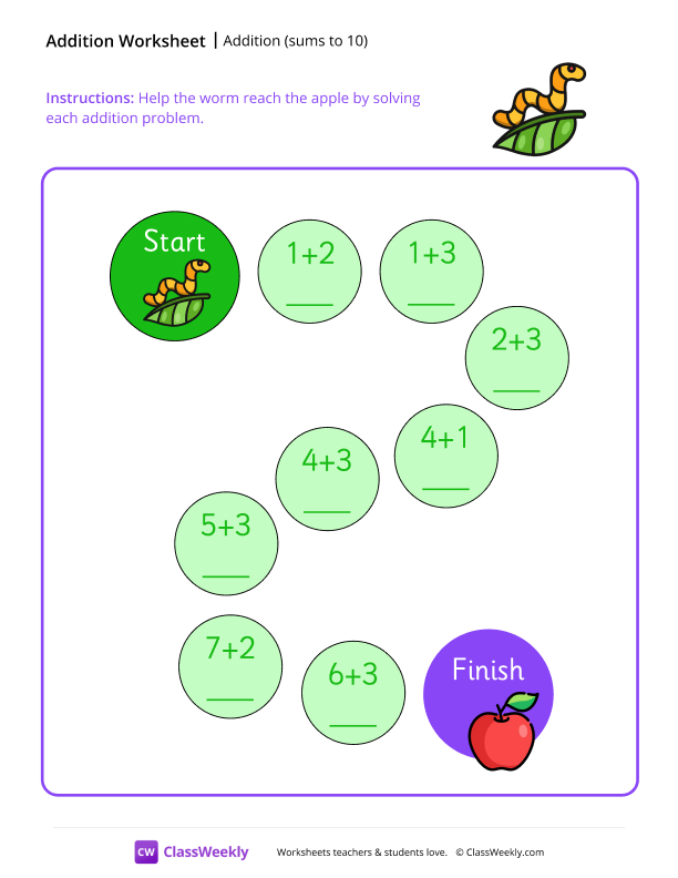 Addition Maze (Sums to 10) - Worm worksheet preview