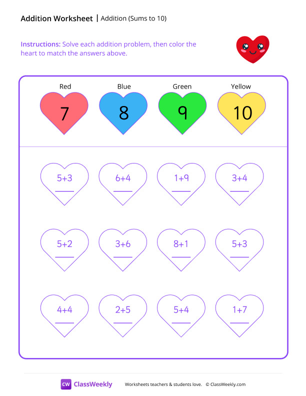 Addition (Sums to 10) - Happy Heart worksheet preview
