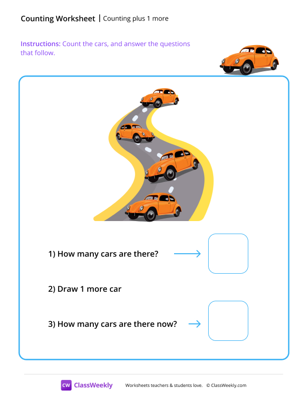 Counting plus 1 more - Cars worksheet preview