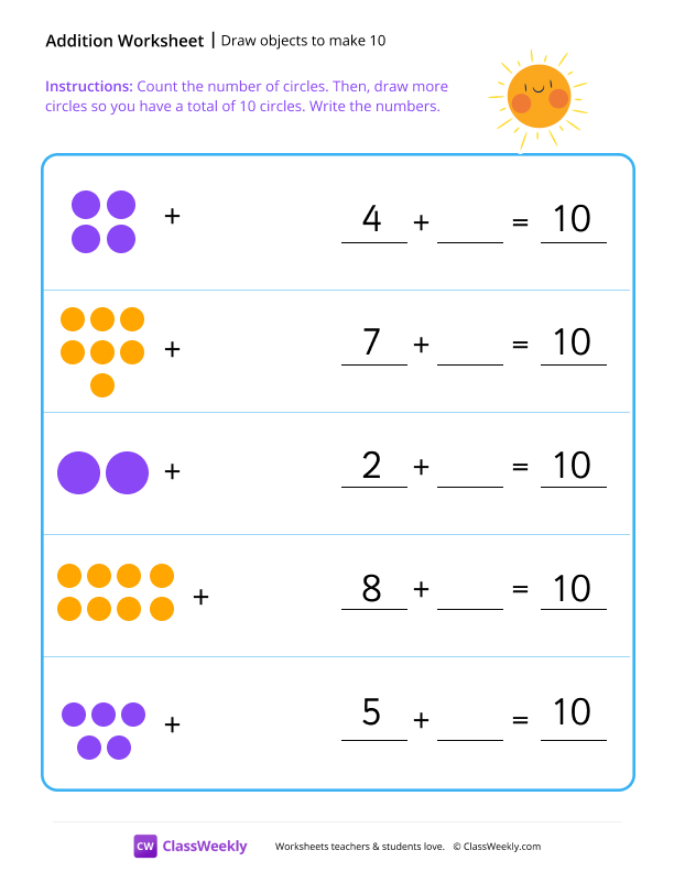 Draw objects to make 10 - Sun worksheet preview