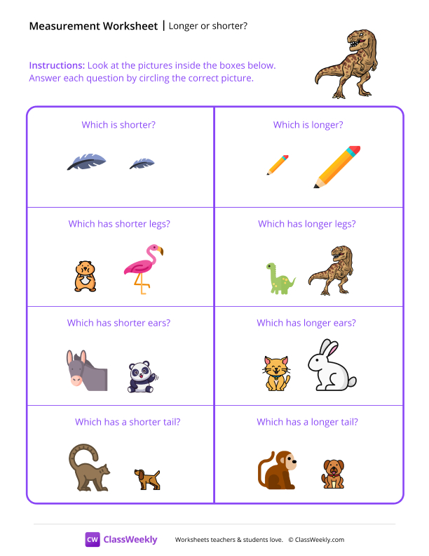 Longer and Shorter - T-Rex worksheet preview