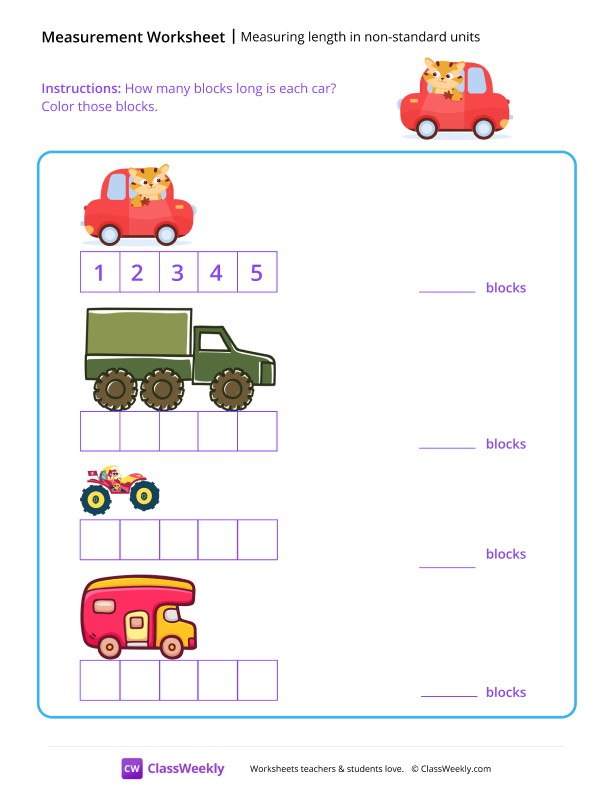 Measuring Length in Non-standard Units - Cat Car worksheet preview