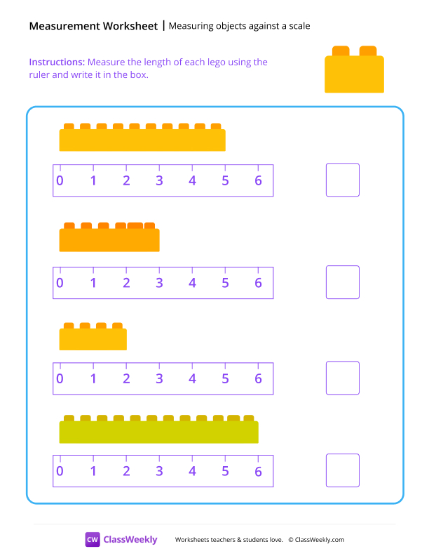Measuring objects against a scale (length) - Lego worksheet preview
