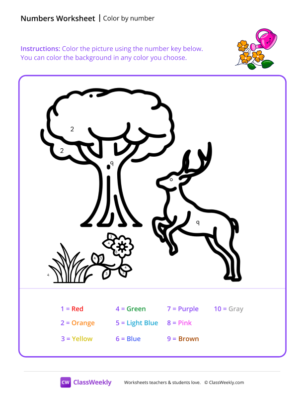 Color by Number (Deer) - Watering Plants worksheet preview