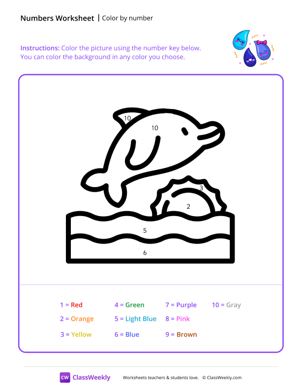 Color by Number (Dolphin) - Happy Drops worksheet preview