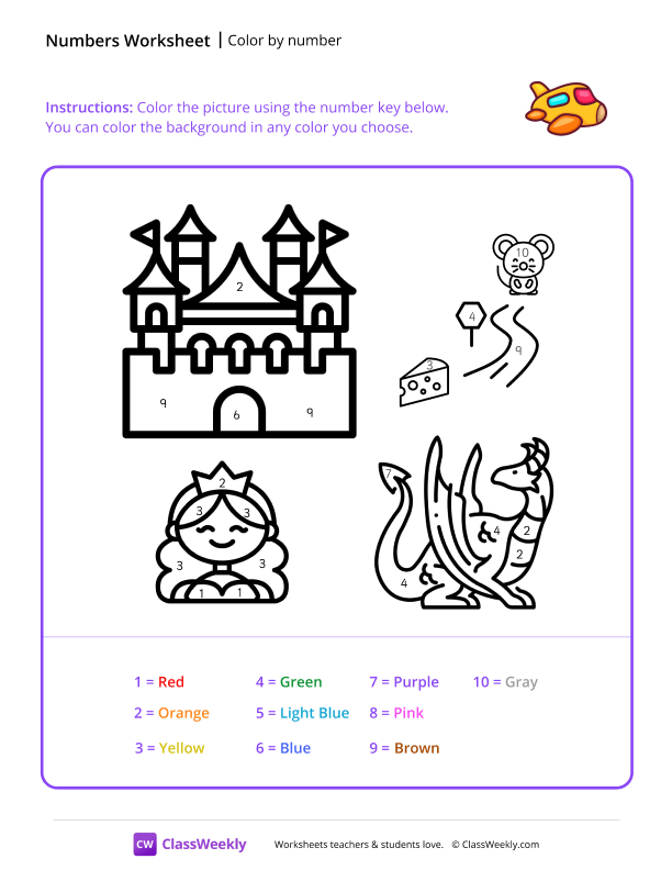 Color by Number (Dragon) - Airplane worksheet preview