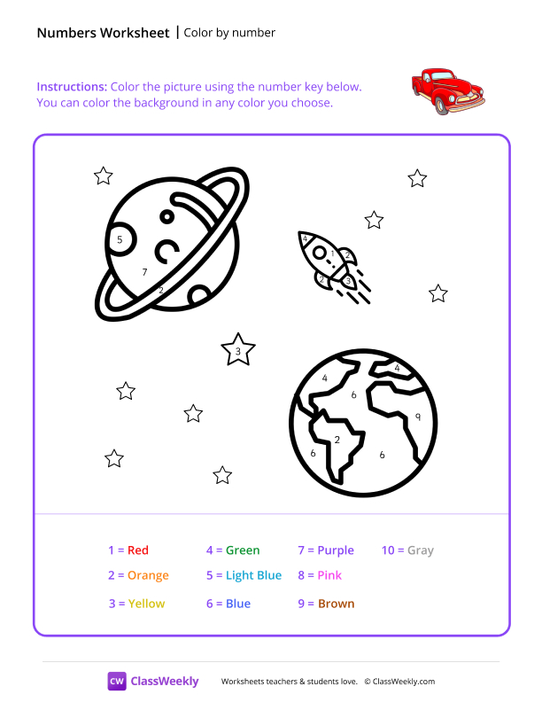 Color by Number (Planet) - Red Car worksheet preview