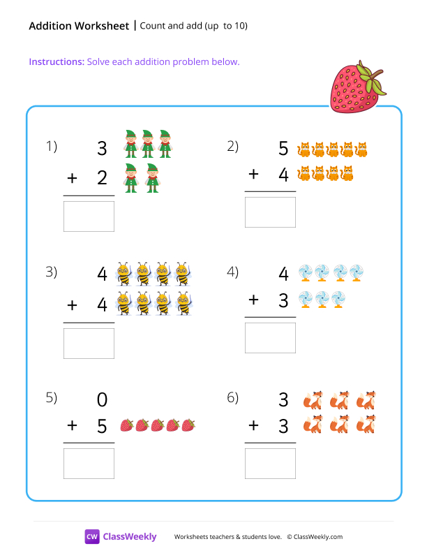 Count and add (up to 10) - Strawberry worksheet preview