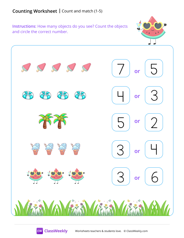 Count and match (1-5) - Watermelon worksheet preview
