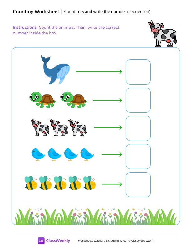 Count to 5 and write the number (sequenced) worksheet preview