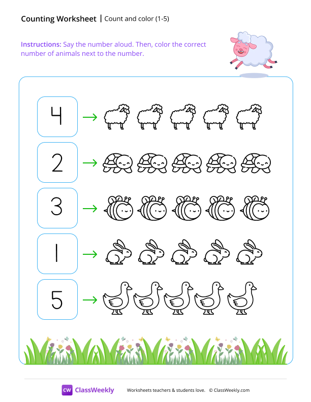 Count and color up to 5 worksheet preview