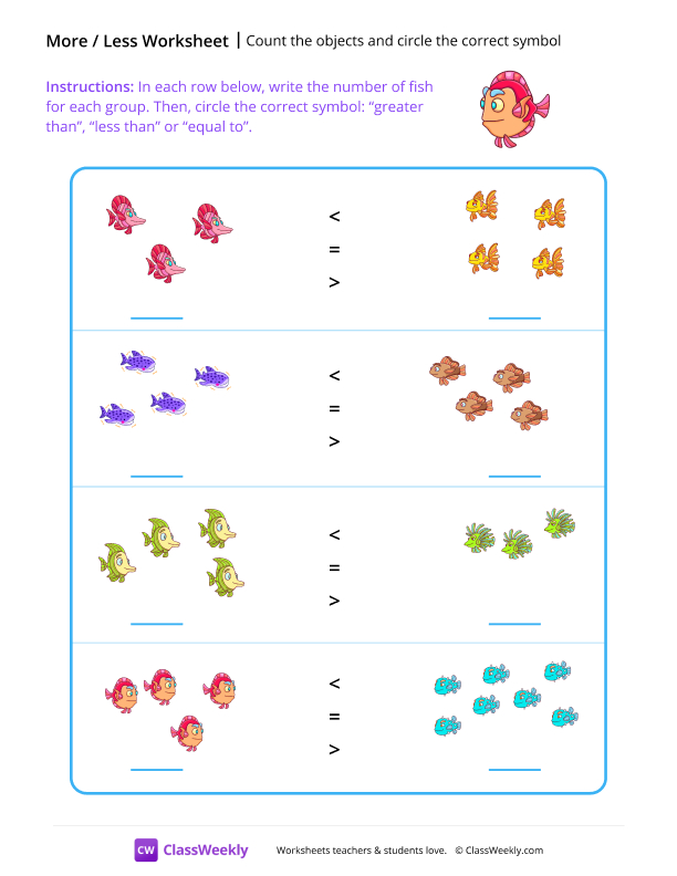 Count the Objects and Circle the Correct Symbol - Red Fish worksheet preview