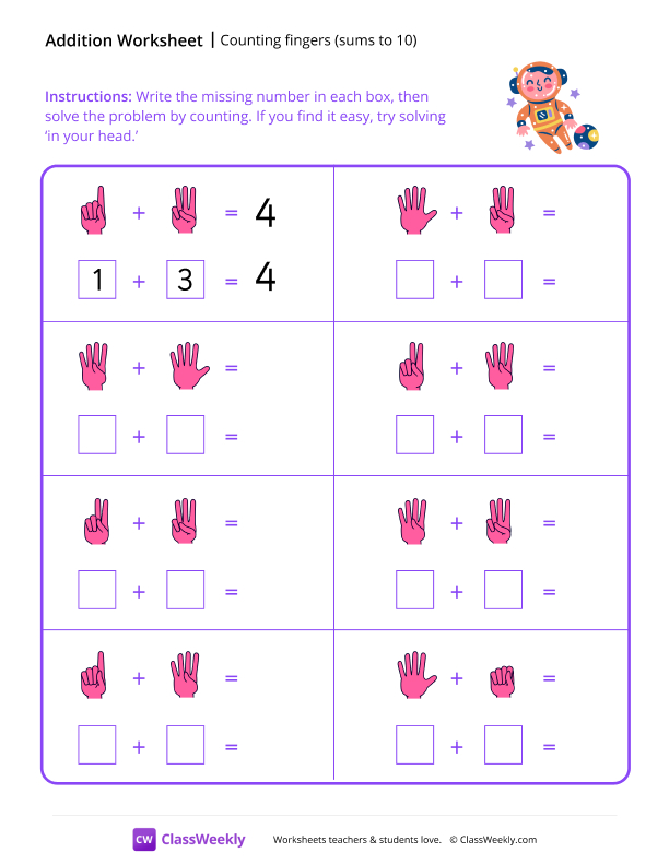 Counting fingers (sums to 10) - Happy Astronaut worksheet preview