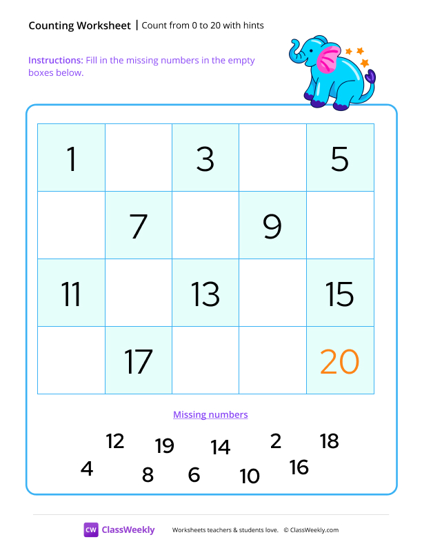 Count from 0 to 20 with hints worksheet preview