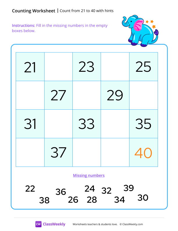 Count from 21 to 40 with hints worksheet preview