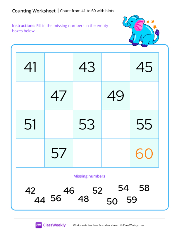 Count from 41 to 60 with hints worksheet preview