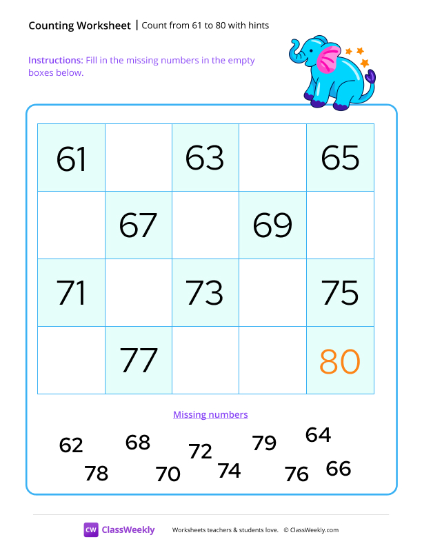 Count from 61 to 80 with hints worksheet preview